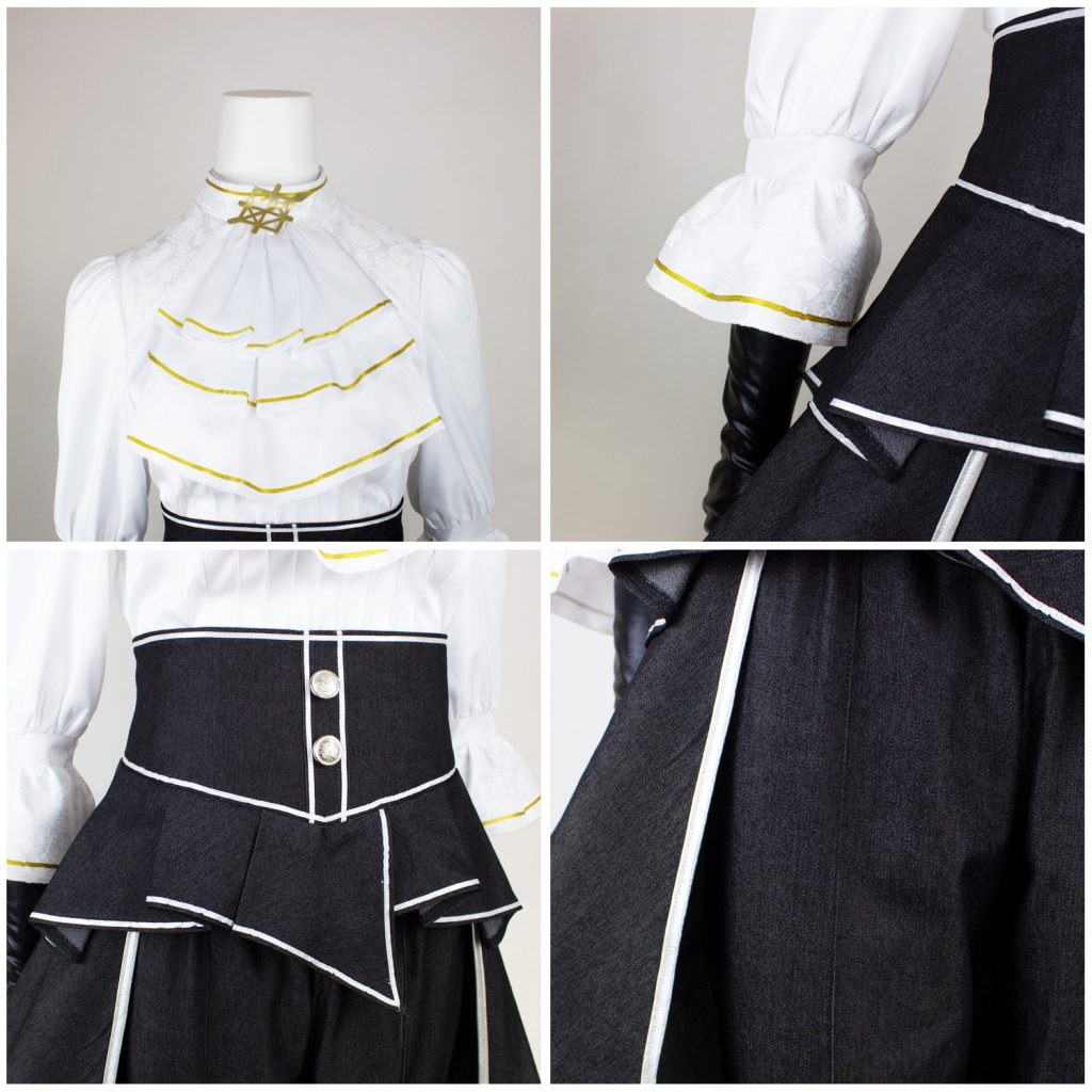 Maelle jabot flared cuff buttons and layered waist piping details