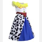 Jessie-inspired kids flutter-sleeve top and cow-print blue skirt front and back
