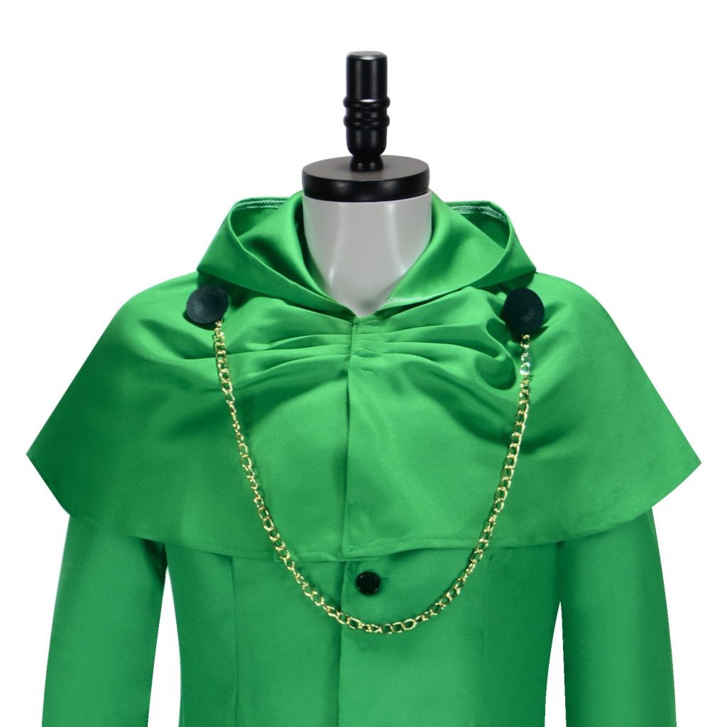 Green hooded cape with gathered front and gold-tone chain