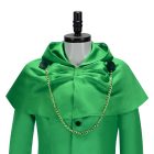 Green hooded cape with gathered front and gold-tone chain