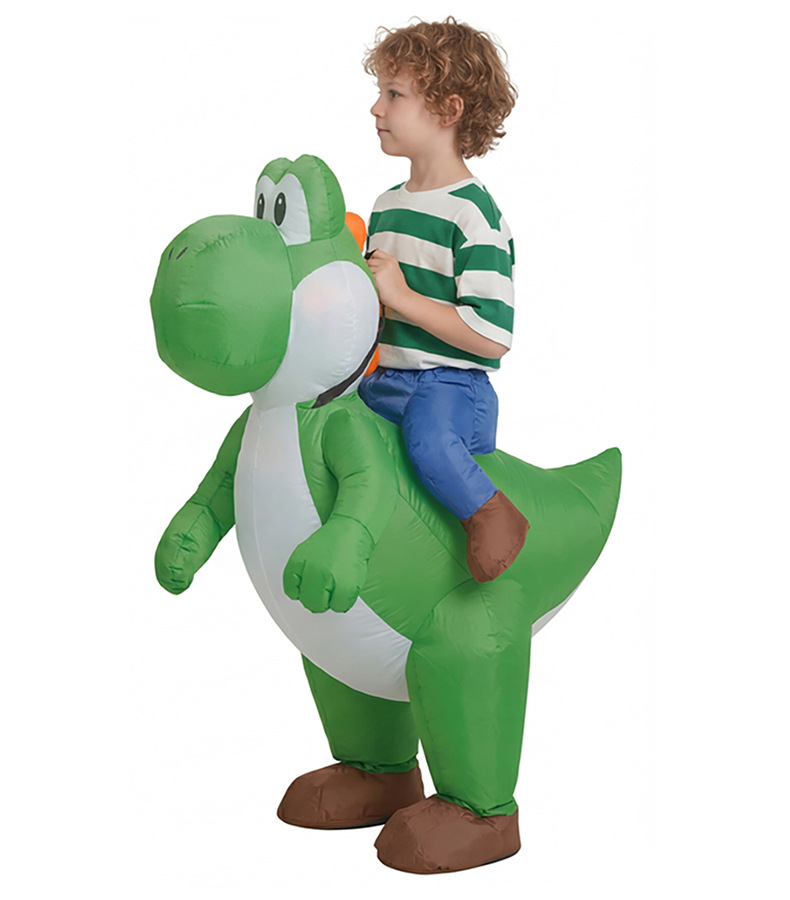 Side of Yoshi inflatable showing tail and integrated faux legs