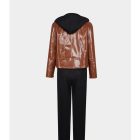 Back of Grace brown jacket, black hoodie and trousers