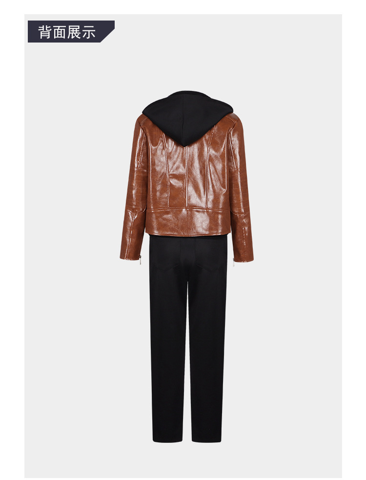 Back of Grace brown jacket, black hoodie and trousers