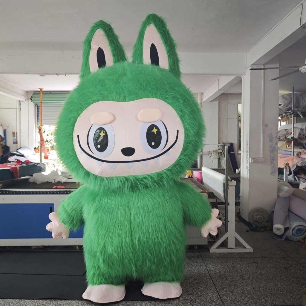 Green Labubu-style walking mascot