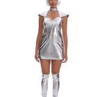 Silver space dress with matching boot covers and white bob wig