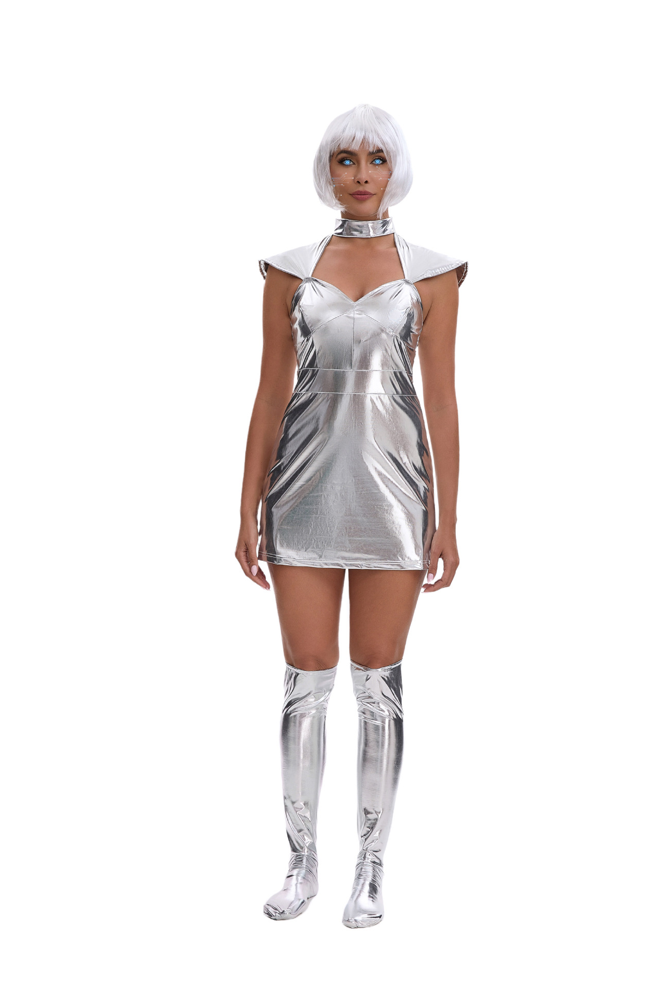 Silver space dress with matching boot covers and white bob wig