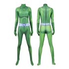 Green spy-agent jumpsuit, front and back