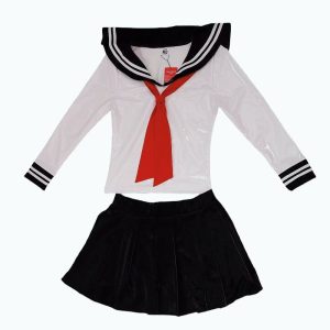White sailor top, red scarf and glossy black pleated skirt laid flat
