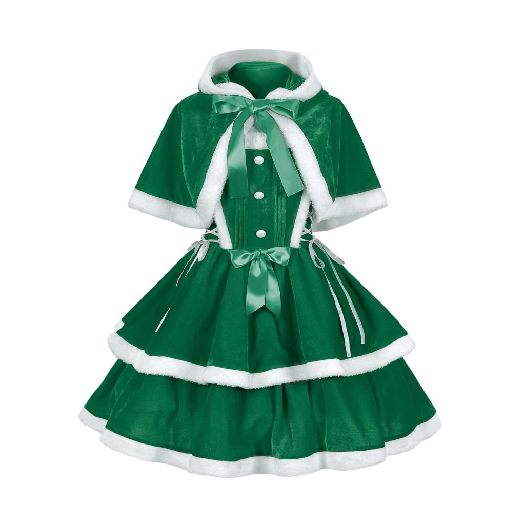 Green Christmas dress and short hooded cape
