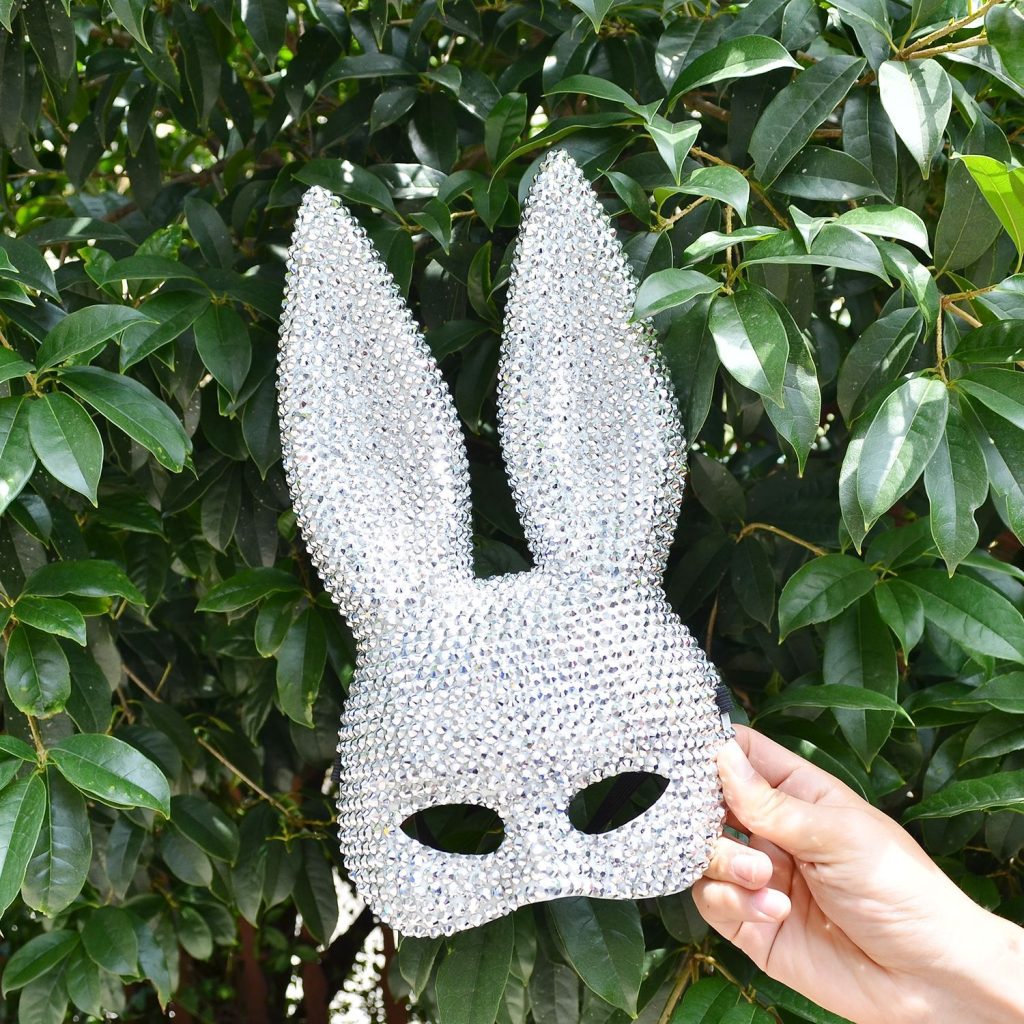 Silver jeweled bunny-ear masquerade mask, front view