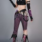 Jinx costume with black cross-front top and purple striped pants, front view