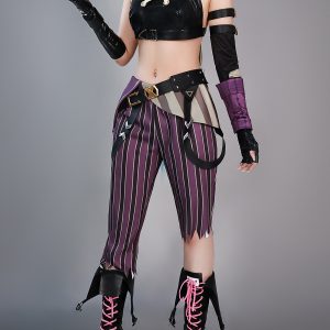 Jinx costume with black cross-front top and purple striped pants, front view