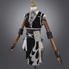 Female Rover costume on mannequin with sleeveless black and gray tunic and gold waist detail