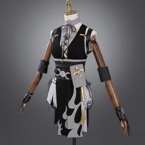 Female Rover costume on mannequin with sleeveless black and gray tunic and gold waist detail