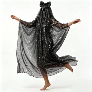Black sequin-look ghost drape with bow, front view