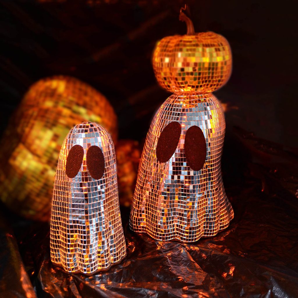 Small and large silver disco ghost ornaments with mirrored tiles and black oval eyes