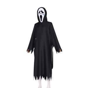Ghostface black hooded robe and white screaming-face mask