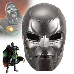 Silver-colored Doctor Doom face mask with riveted angular panels