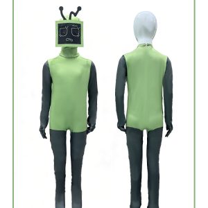 Vee green TV-head costume front and back