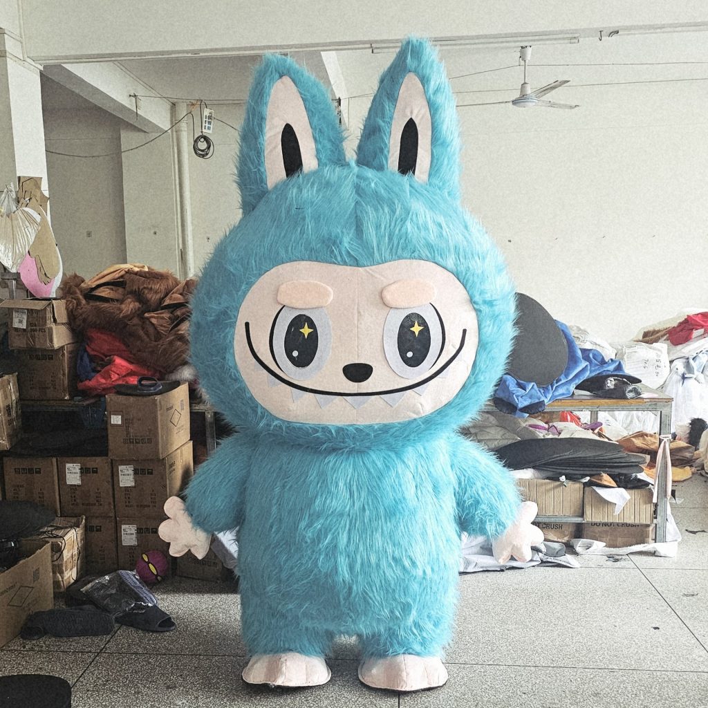 Blue Labubu-style walking mascot
