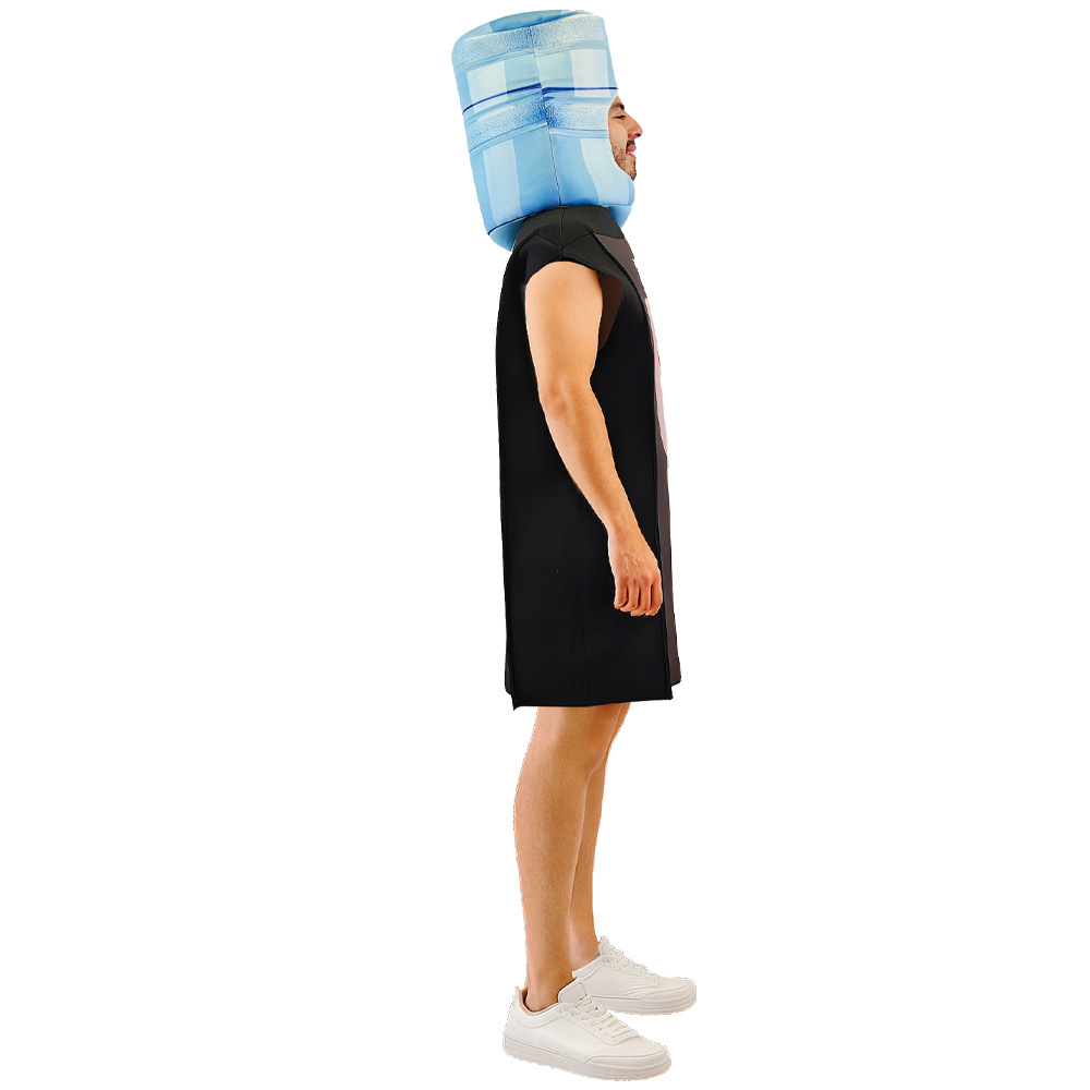 Side view of bottle-shaped headpiece and black costume body