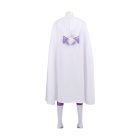 Rear view of Emilia white hooded cape and purple cat ears