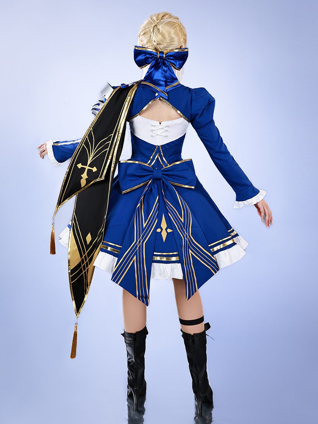 Blue costume rear bow, lacing and black gold shoulder drape