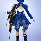 Blue costume rear bow, lacing and black gold shoulder drape