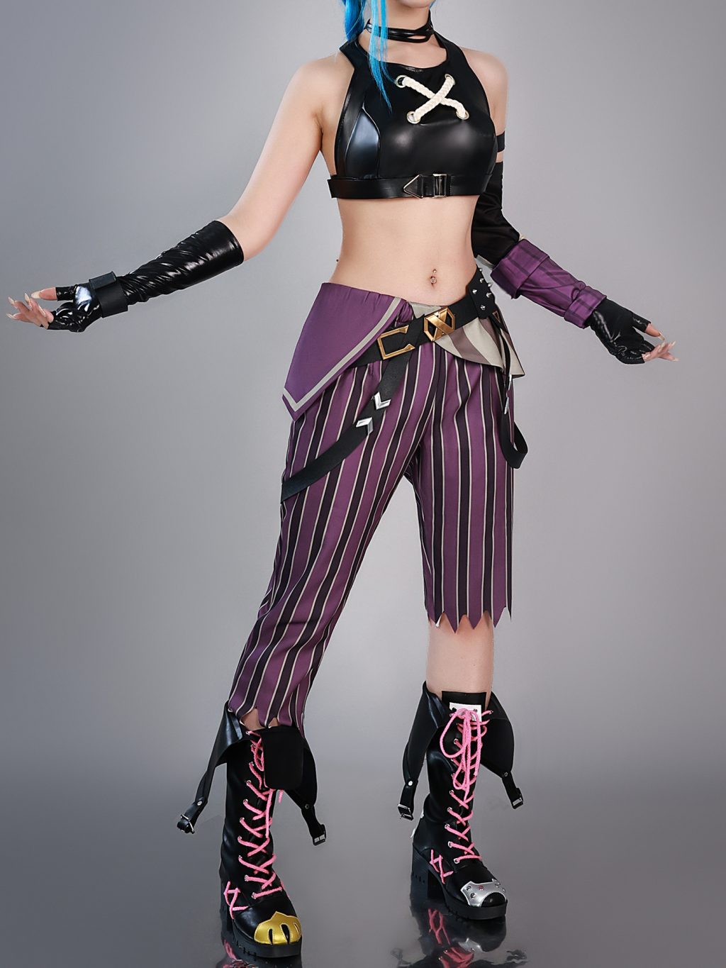 Alternate front view of Jinx costume with striped pant leg and hip details