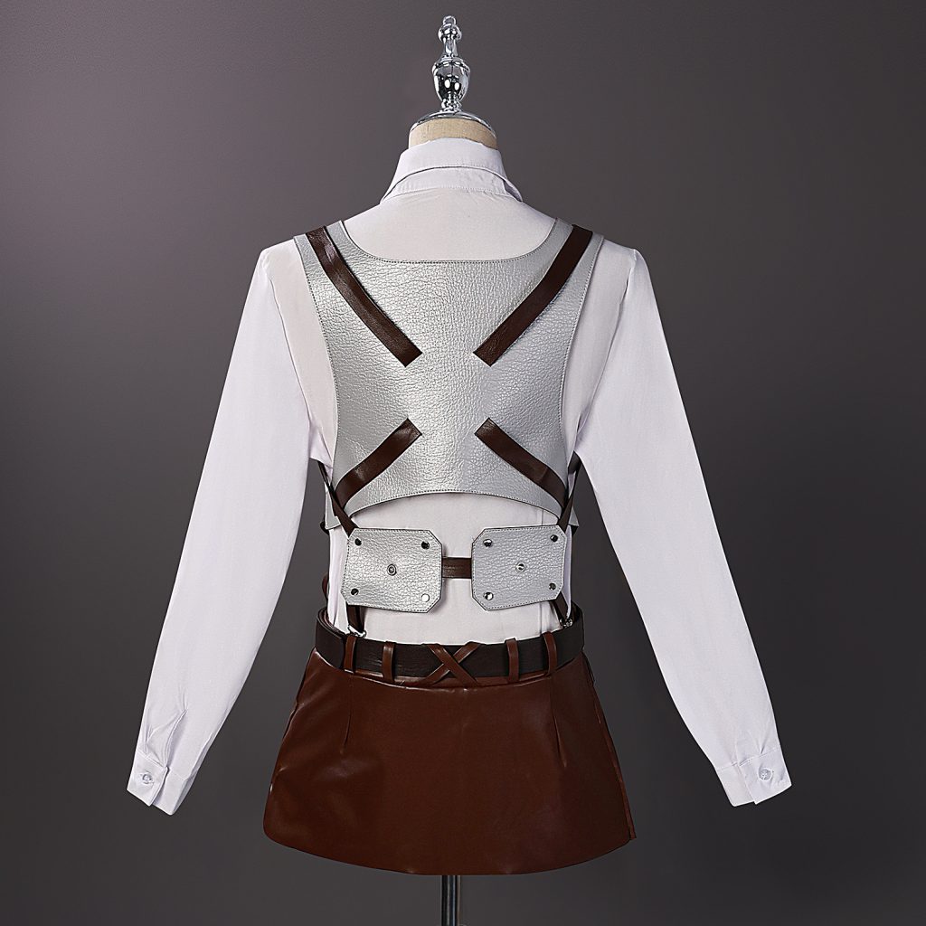 Rear view of Scout-style harness and brown skirt over white shirt