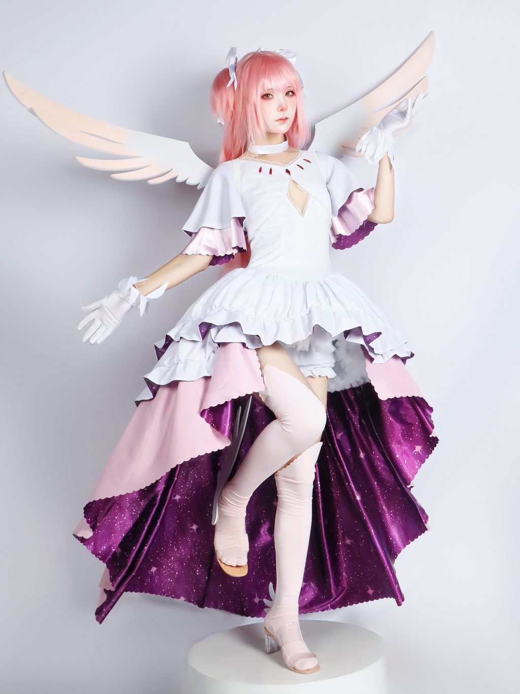Madoka white dress with layered pink and purple skirt