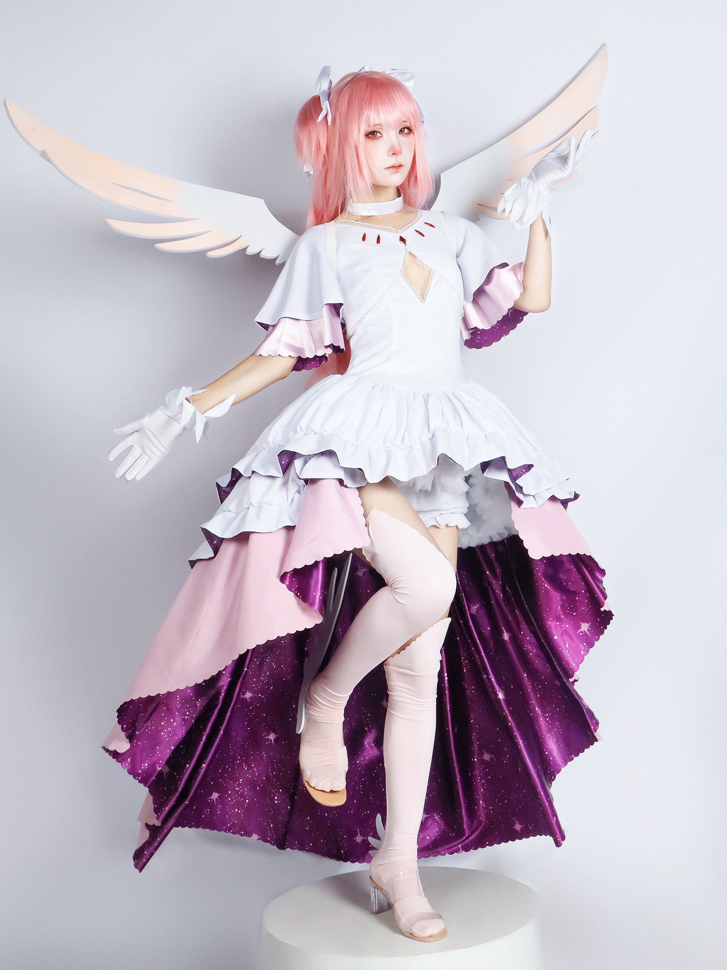 Madoka white dress with layered pink and purple skirt
