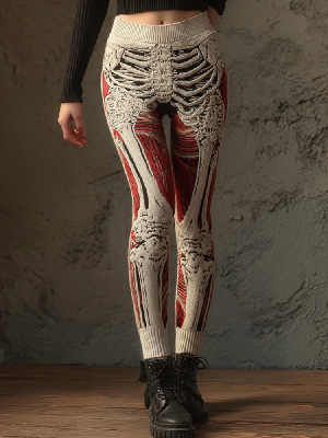 Front view of cream and red skeleton-pattern leggings