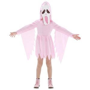 Pink hooded ghost costume and mask, front view