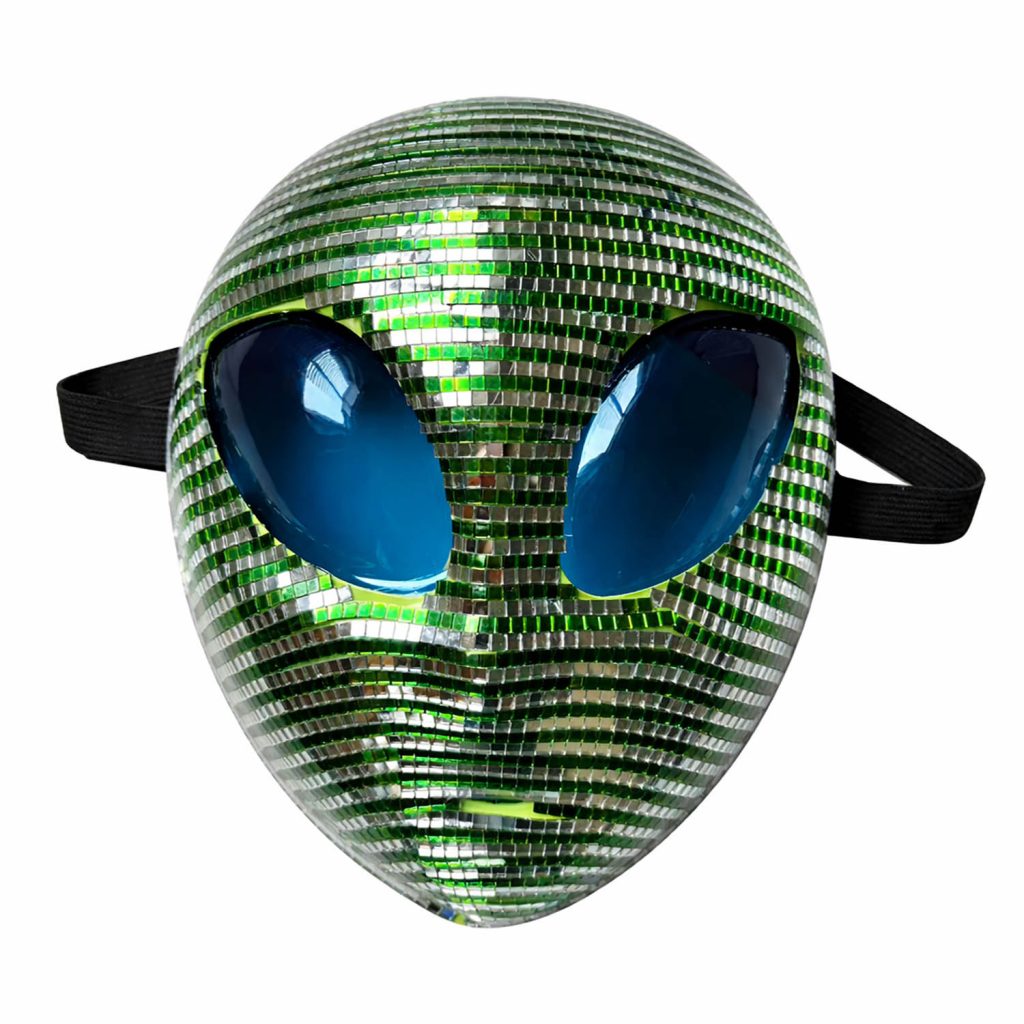 Green and silver mosaic alien mask with blue eye panels and black strap