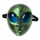 Green and silver mosaic alien mask with blue eye panels and black strap