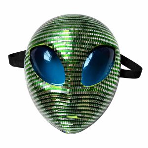 Green and silver mosaic alien mask with blue eye panels and black strap