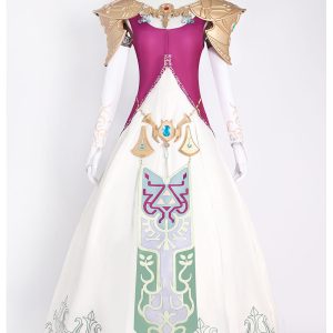 Twilight Princess Zelda costume front with gold shoulders and decorated white skirt