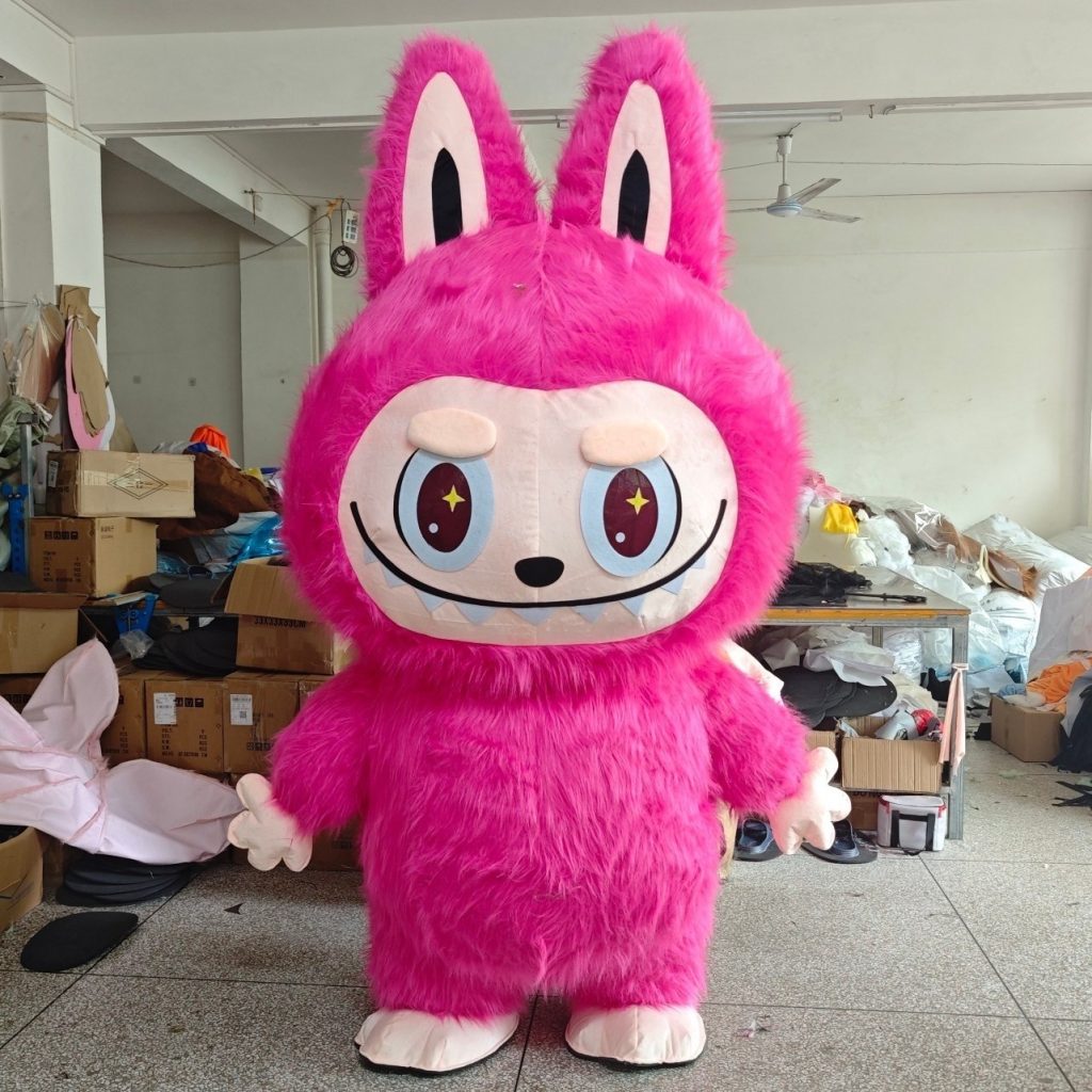 Rose-pink Labubu-style walking mascot