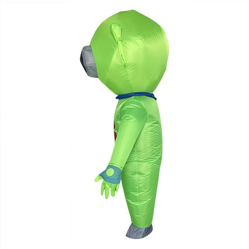 Side profile of the green inflatable alien costume and oversized head