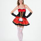 Red layered skirt and black lace-front bodice without cape