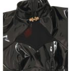 Collar clasp and chest cutout detail on black dress
