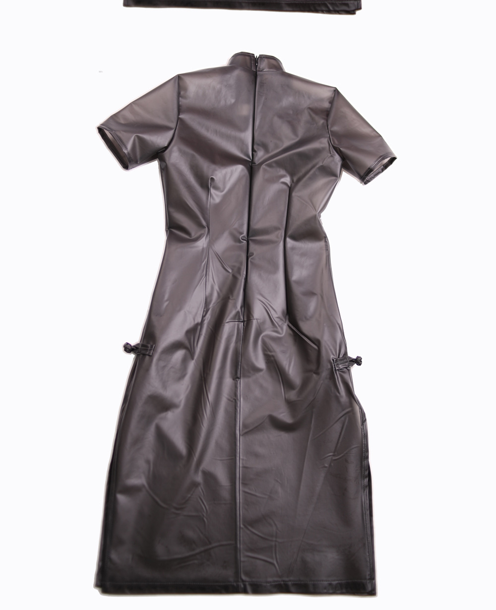 Back of black qipao-style dress showing zipper and side slits