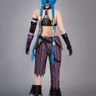 Back of Jinx costume with belt and striped pants; hair styled with a separate wig