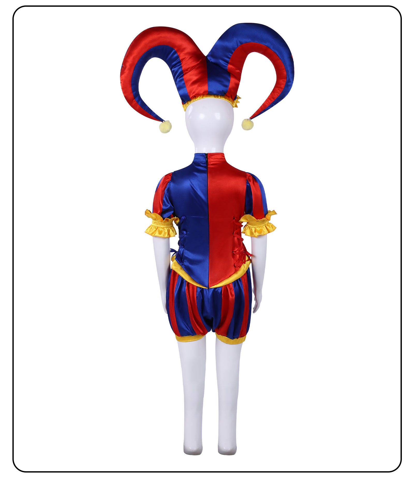 Kids Pomni costume back with center zipper and striped shorts