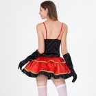 Rear view of the red skirt, black dress back and shoulder straps