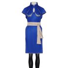 Chun-Li blue dress costume front with gold edging and waist sash