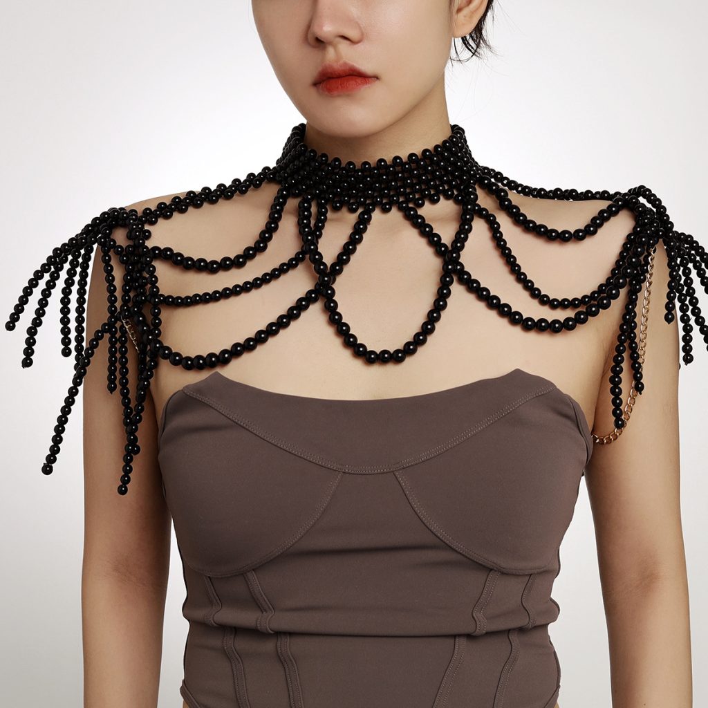 Black bead cape shoulder drapes and fringe