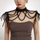Black bead cape shoulder drapes and fringe