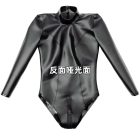 Close-up of black bodysuit back zipper and high collar